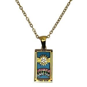 Gold Tone Stainless Steel Turquoise Crystal Tarot Card the Sun Pendant 16-18"